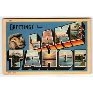 Greetings From Lake Tahoe California Squirrel 1940's Large Letter Linen Postcard